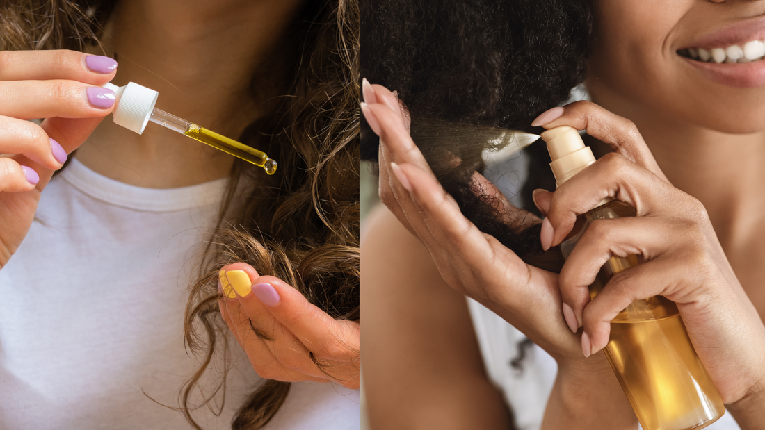 One curly haired woman and one coily haired women applying hair oil