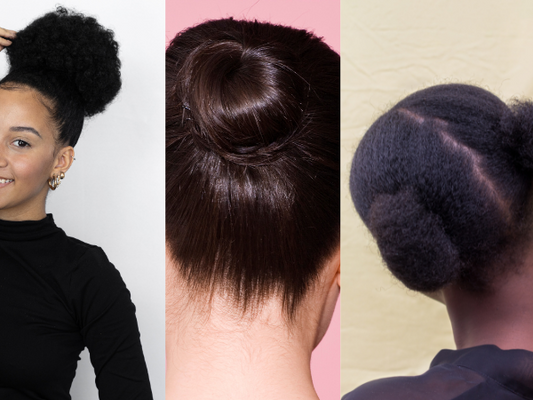 Three sleek curly hairstyles — a puff, polished bun, and sectioned low style — achieved using the Curldo Smoothing Slick Back Brush.